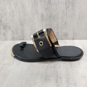 Michael Kors Women's Calder Black Gold Toe Loop Leather Slide Sandals Size 7